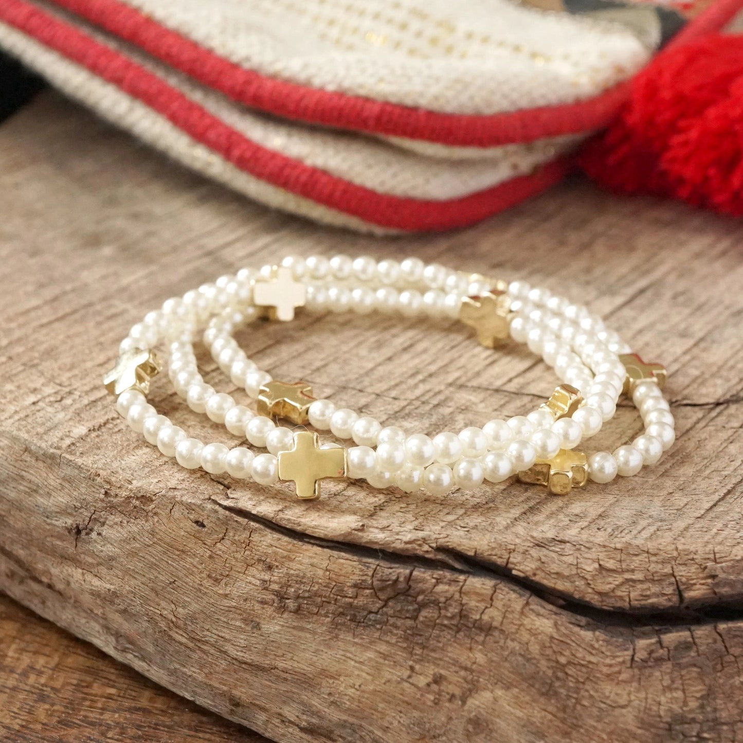 Cross & Pearl Stack Bracelets