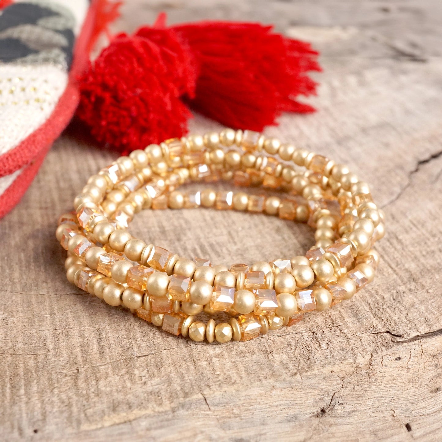 Glass & Gold Beaded Bracelet Set of 5 | Natural