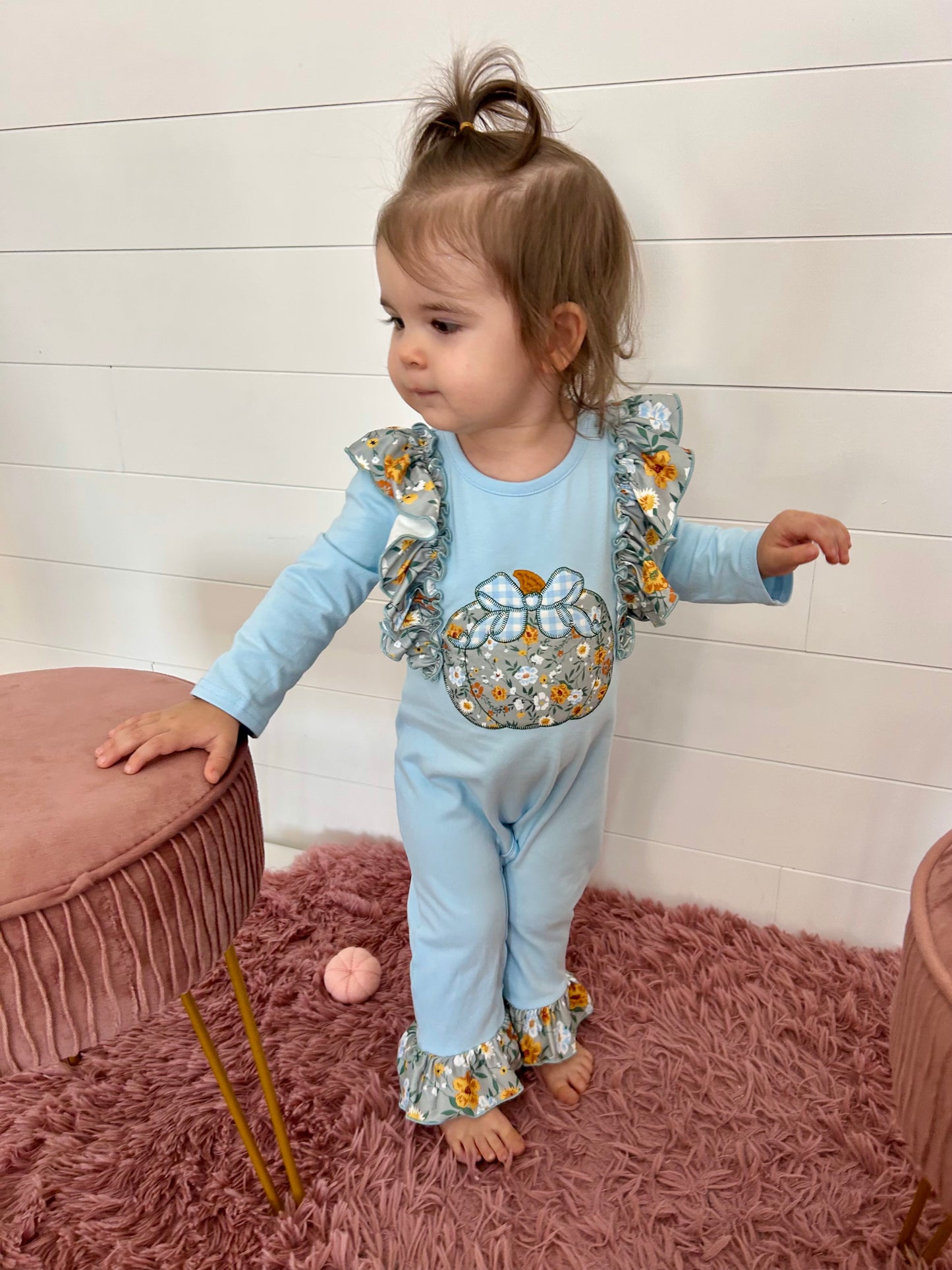 Blue Floral Pumpkin Applique Romper