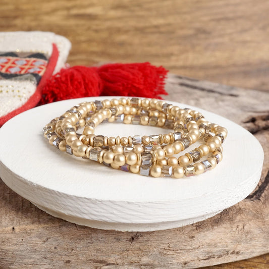 Glass & Gold Beaded Bracelet Set of 5 | Gray