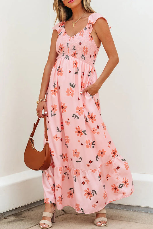 Peach Floral V-Neck Dress