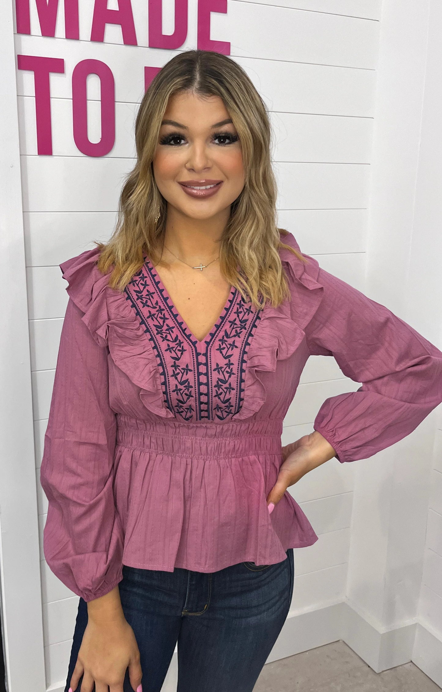 Embroidered V Neck Top