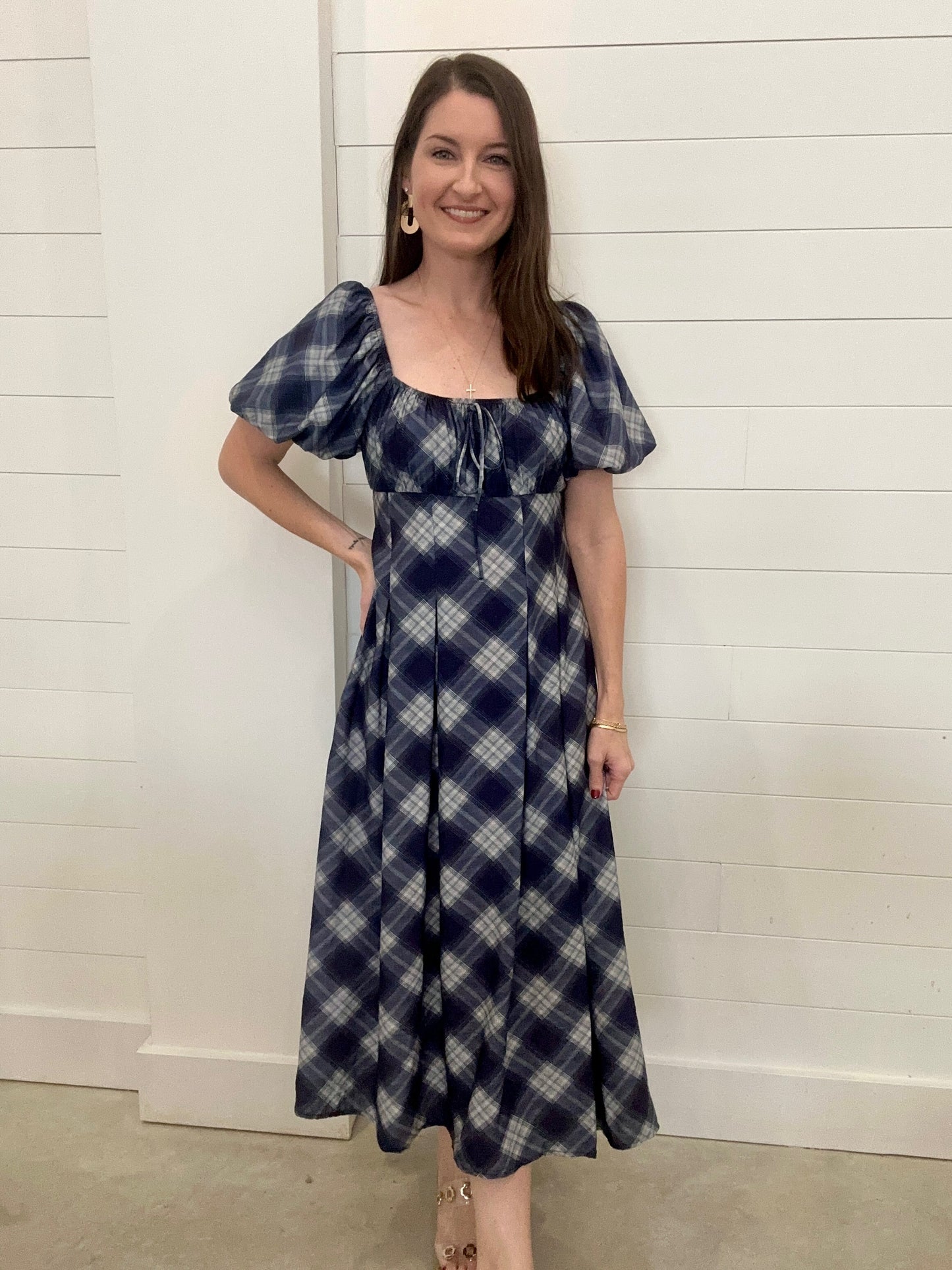 Plaid Puff Sleeve Midi Dress