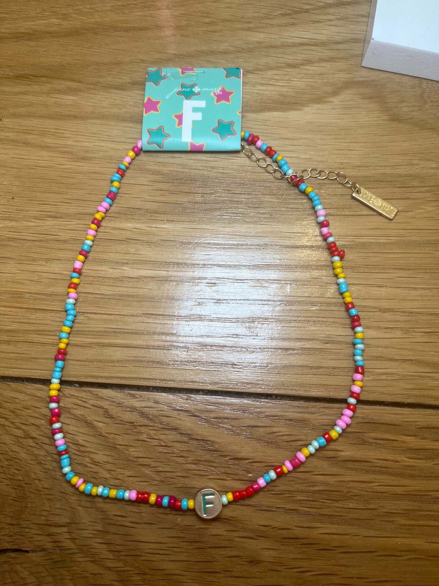Girls Multi Color Beaded 'F' Initial Necklace | Jane Marie