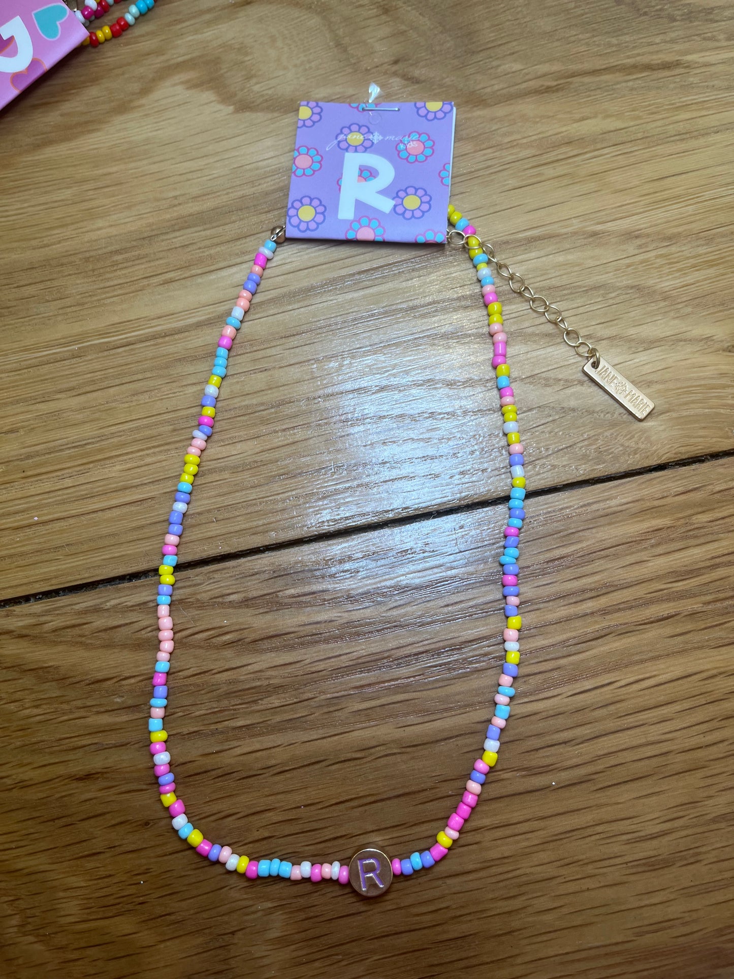 Girls Multi Color Beaded 'R' Initial Necklace | Jane Marie