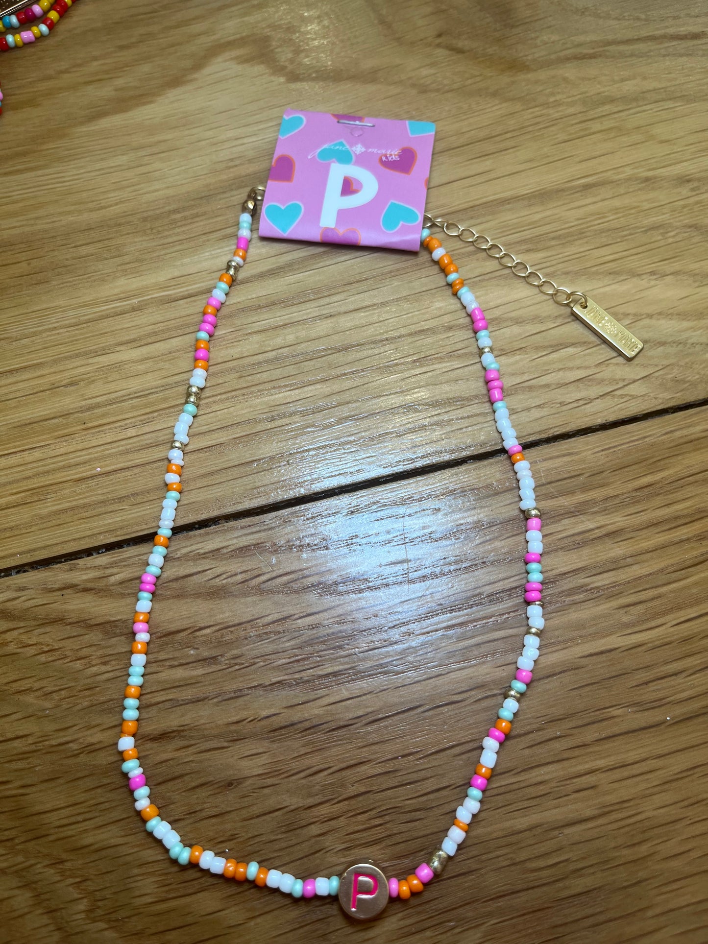 Girls Multi Color Beaded 'P' Initial Necklace | Jane Marie