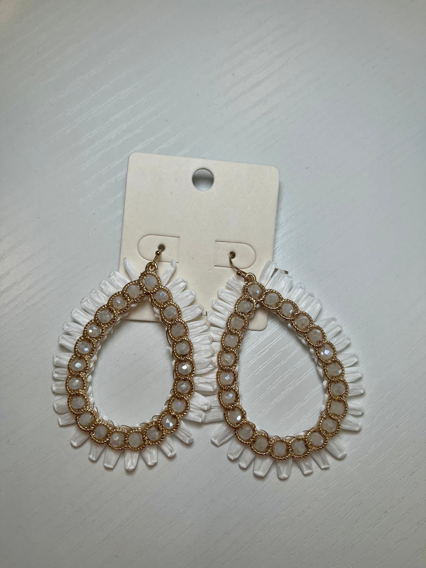 White Raffia Beaded Earrings