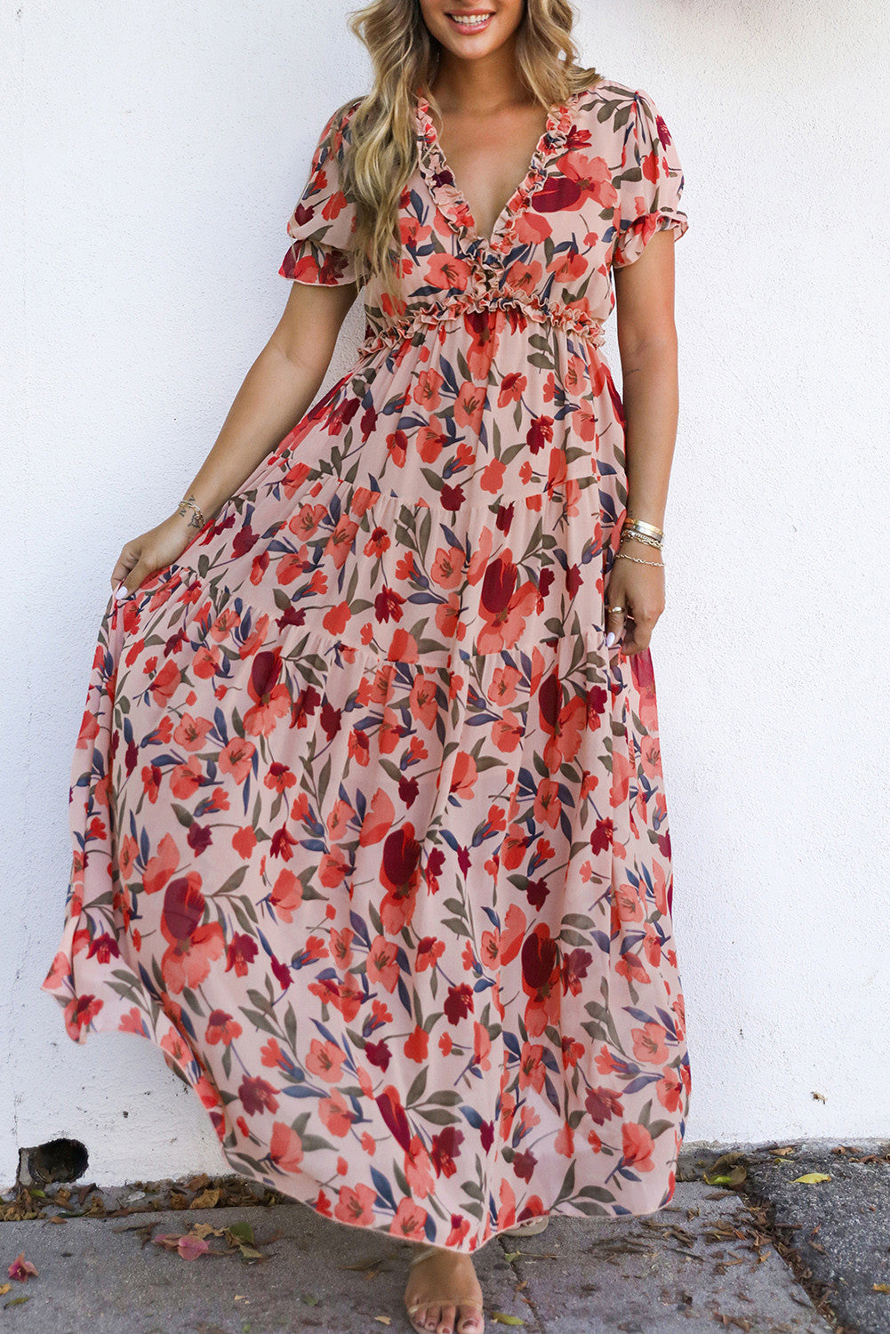 Red Floral Print Maxi Dress