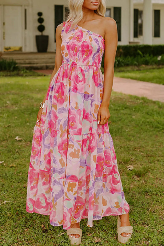Pink Abstract One Shoulder Maxi Dress