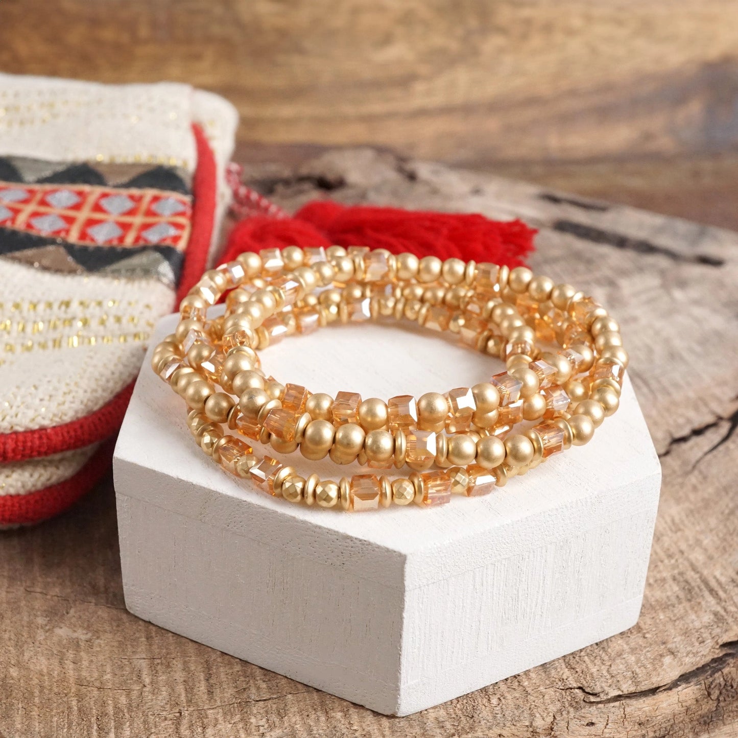 Glass & Gold Beaded Bracelet Set of 5 | Natural