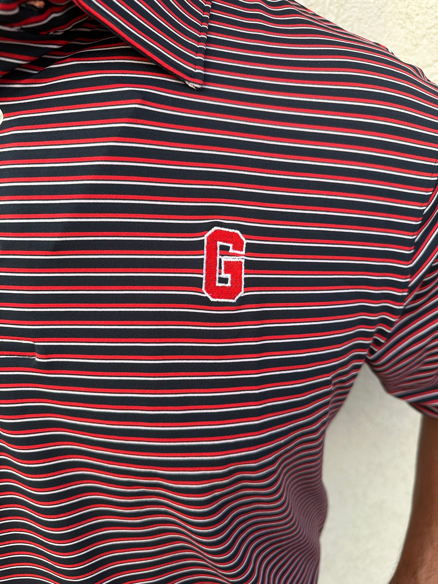 UGA Block G Poplar Stripe Performance Polo