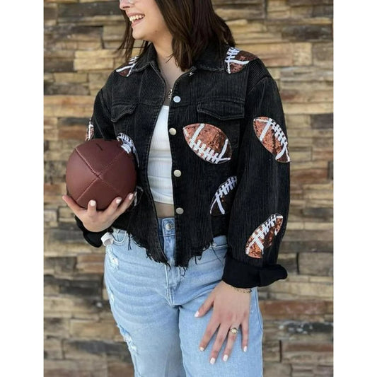 Cropped Corduroy Sequin Football Jacket
