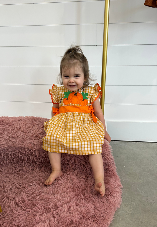 Orange Gingham Pumpkin Bow Dress