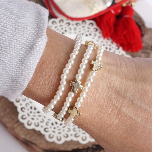 Cross & Pearl Stack Bracelets