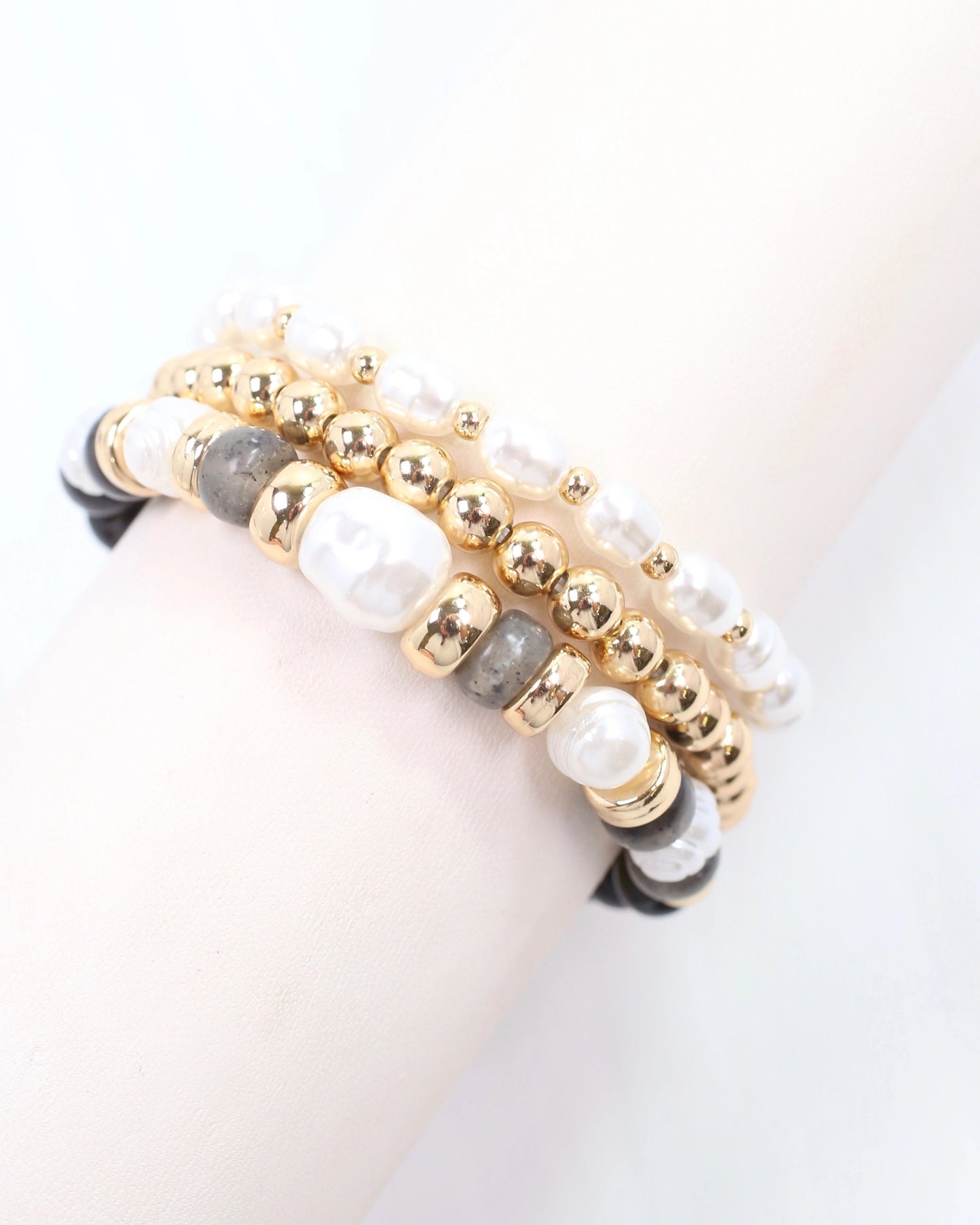Bowie Bead and Pearl Stretch Bracelet Set | Black