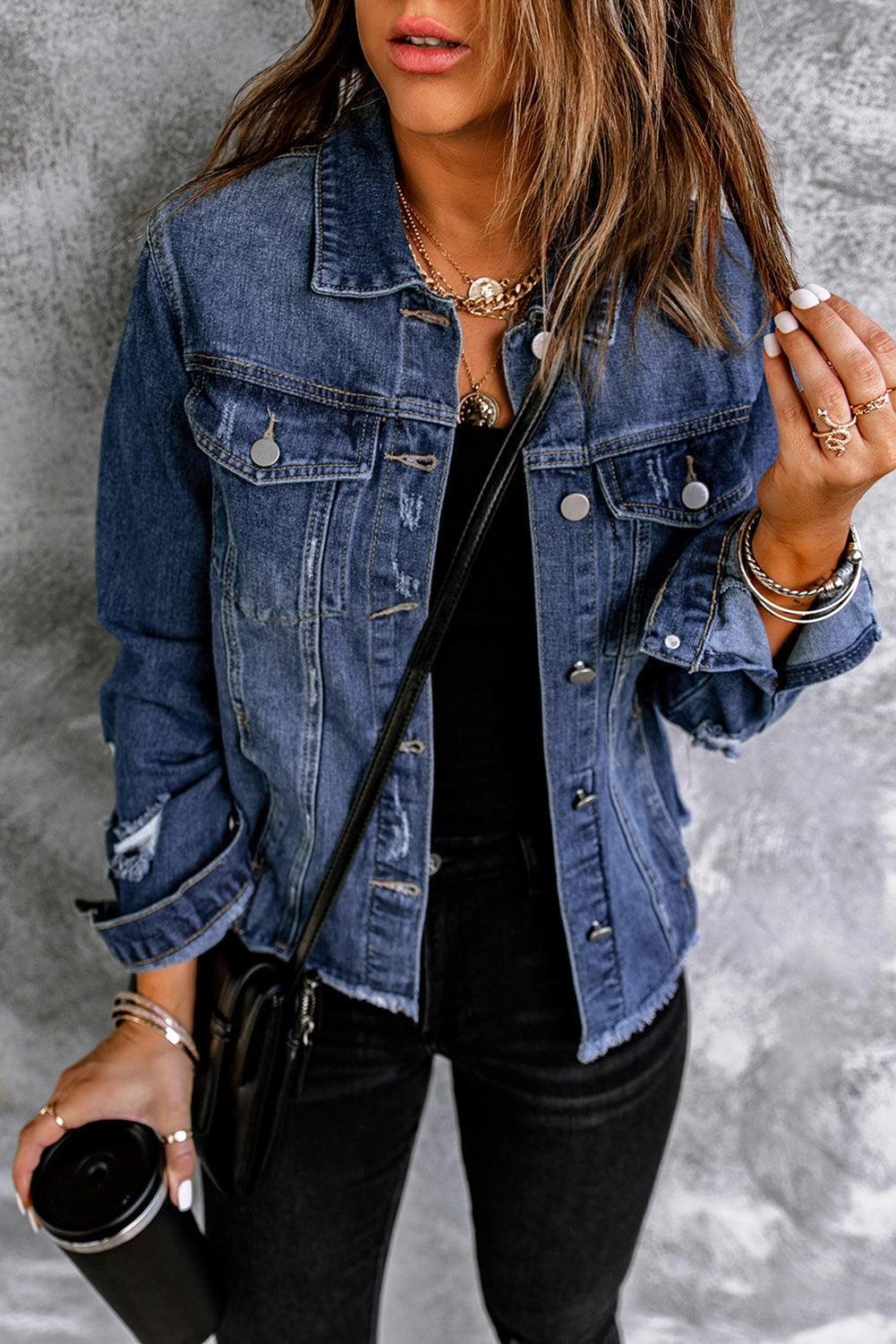 Distressed Raw Hem Denim Jacket