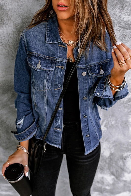 Distressed Raw Hem Denim Jacket