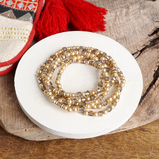 Glass & Gold Beaded Bracelet Set of 5 | Gray