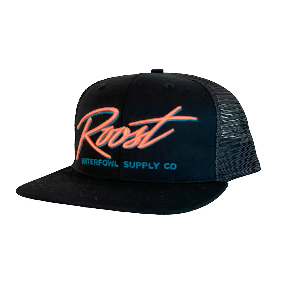 Roost Black 7 Panel Pink Script Logo