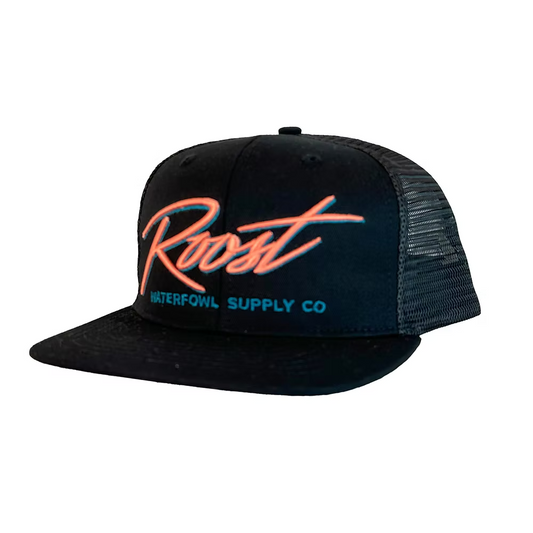 Roost Black 7 Panel Pink Script Logo