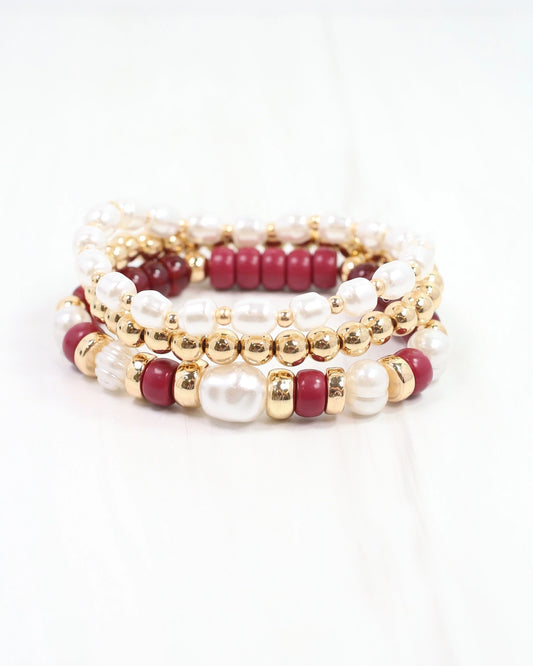 Bowie Bead and Pearl Stretch Bracelet Set | Burgundy