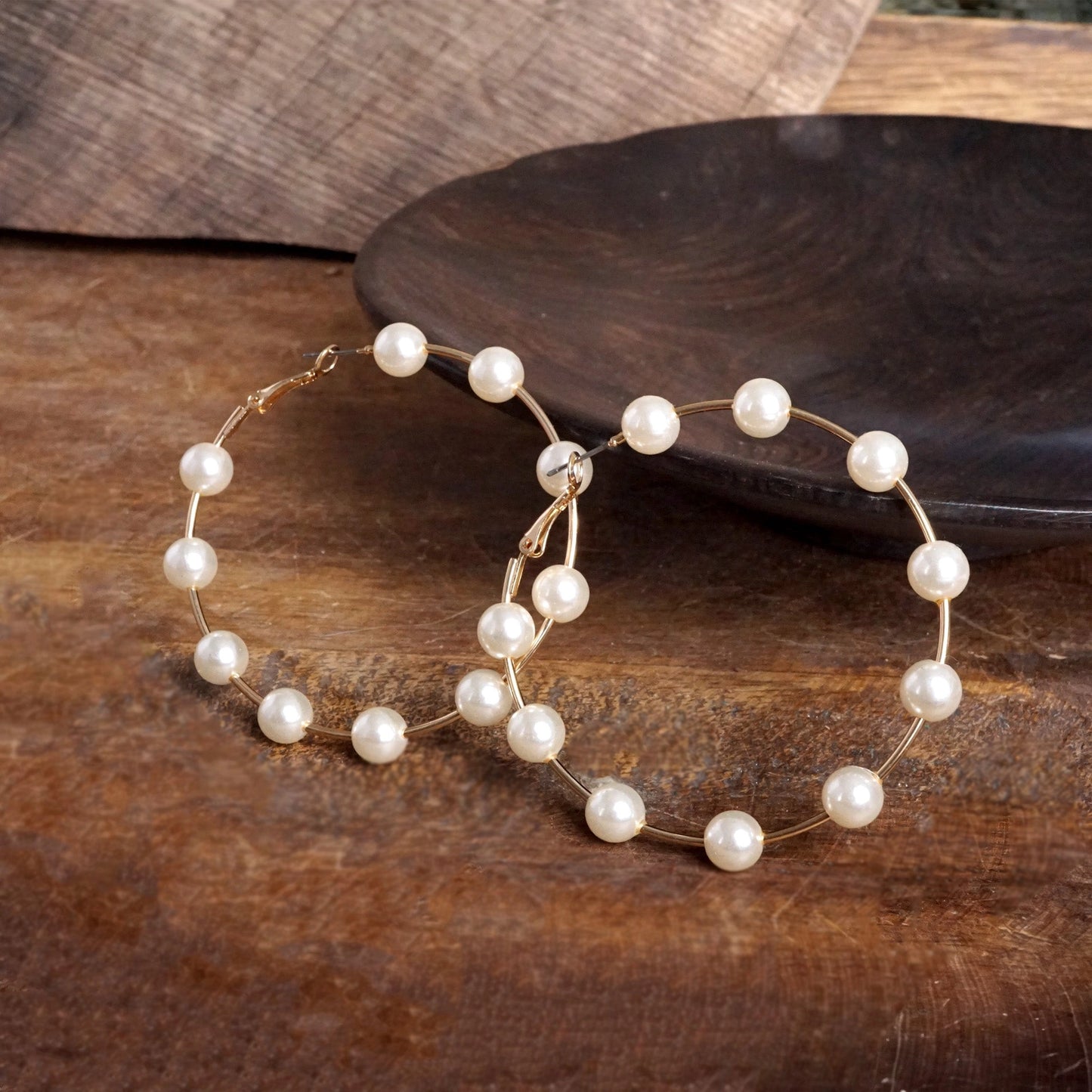 Large Golden Hoop Earrings with Pearls