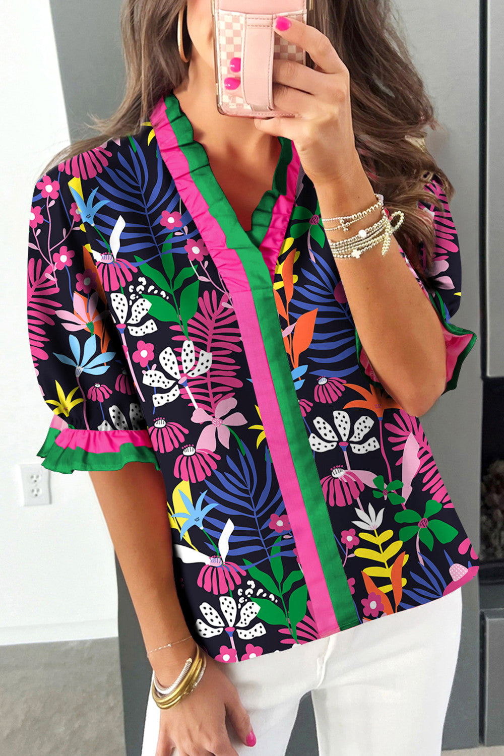 Pink & Green Trimmed Floral Top