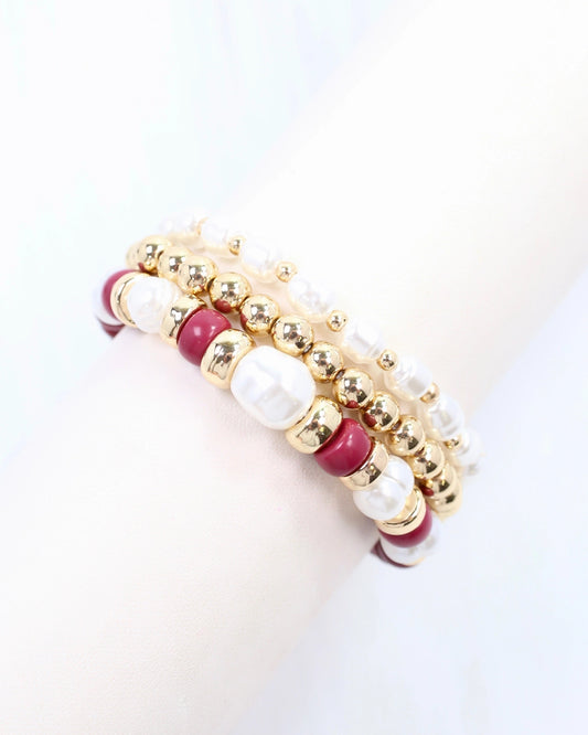 Bowie Bead and Pearl Stretch Bracelet Set | Burgundy