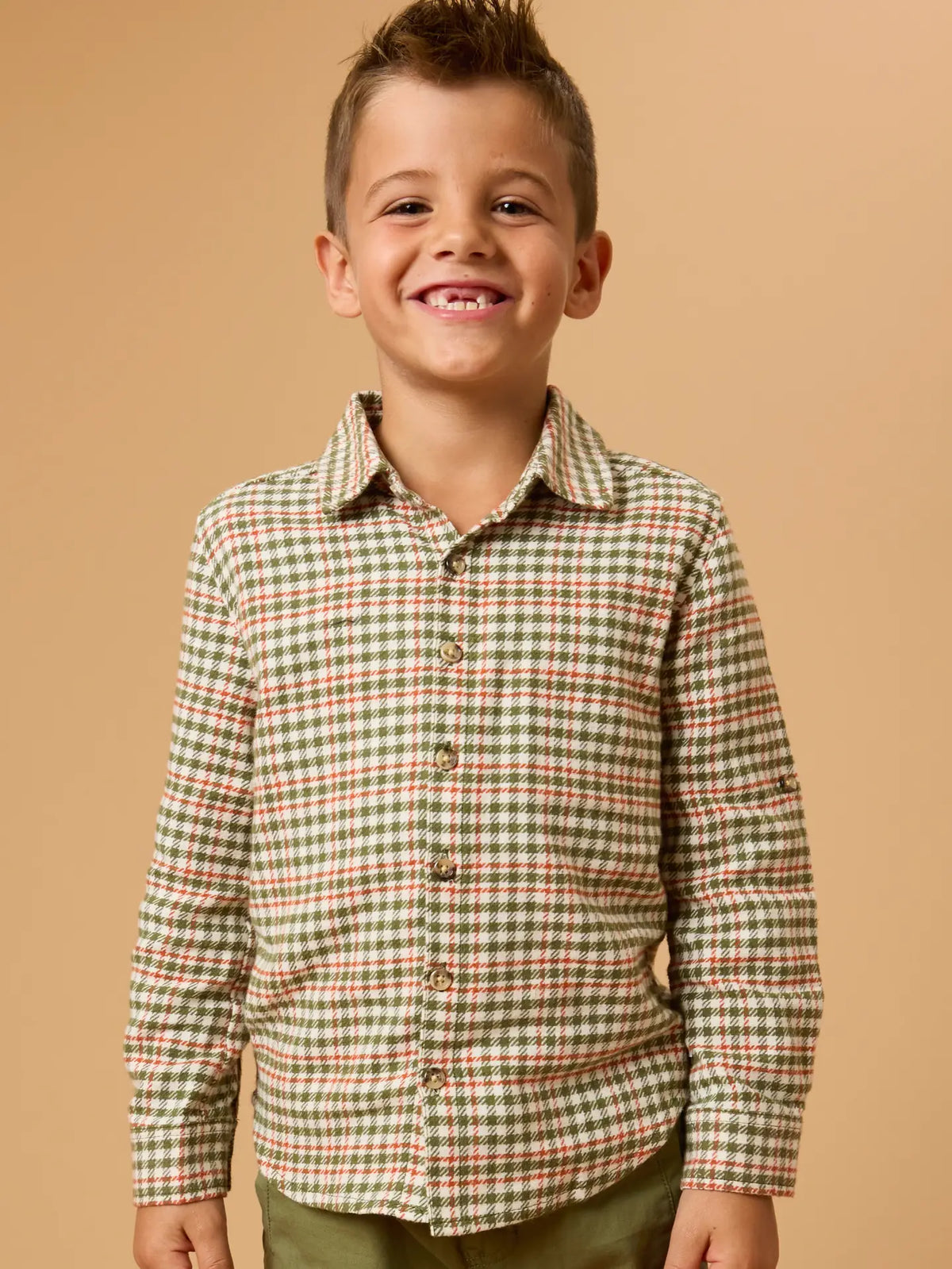 Youth Olive Houndstooth Button Down