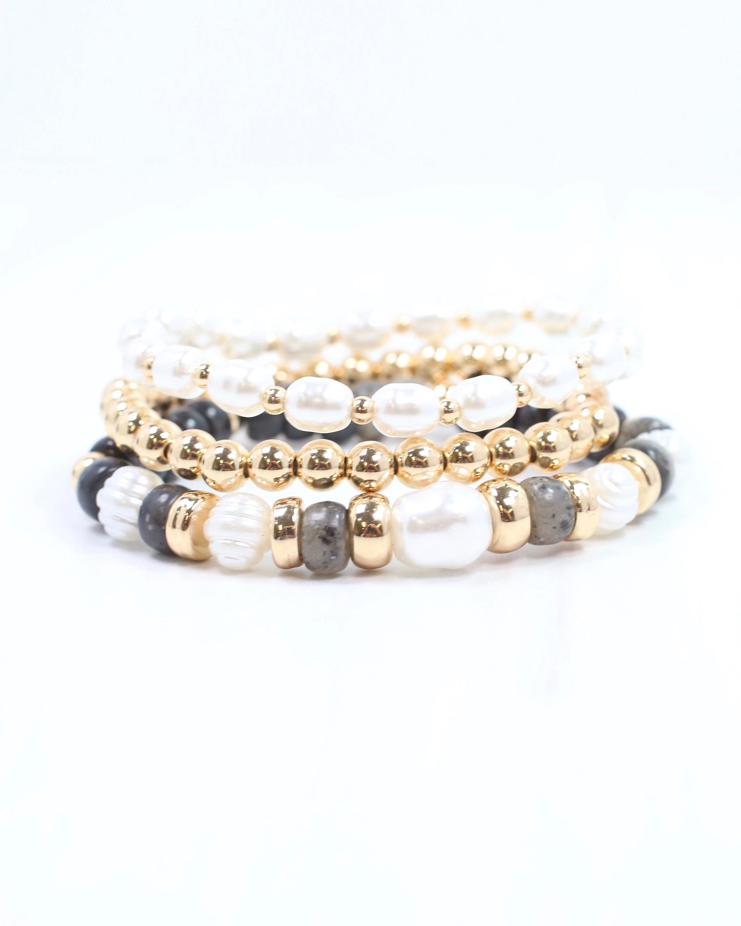 Bowie Bead and Pearl Stretch Bracelet Set | Black