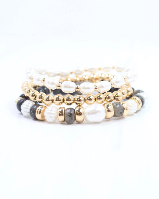 Bowie Bead and Pearl Stretch Bracelet Set | Black