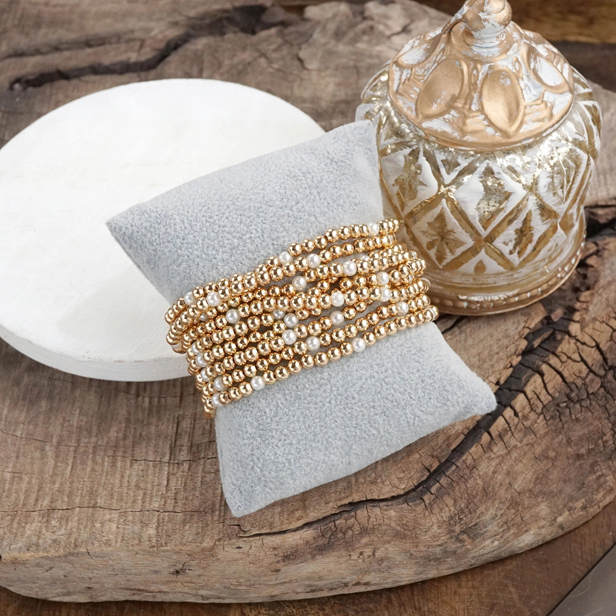Pearl & Gold Beaded Bracelets Set of 9