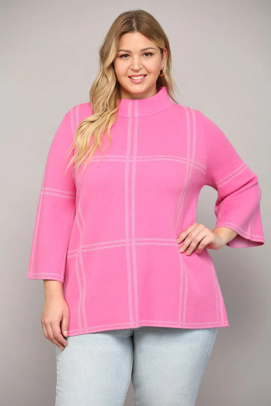 Plus Pink Mock Neck Bell Sleeve Sweater