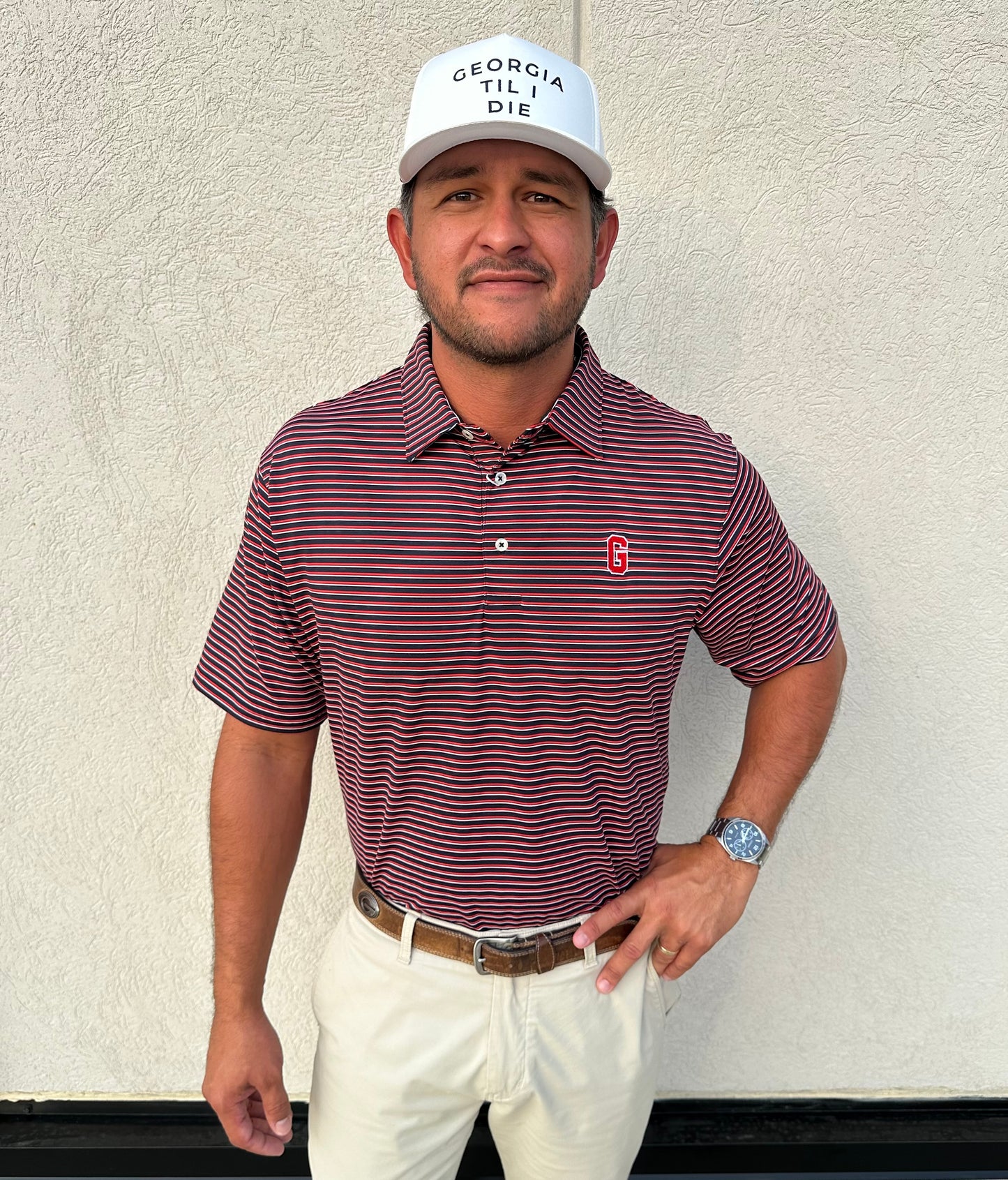 UGA Block G Poplar Stripe Performance Polo