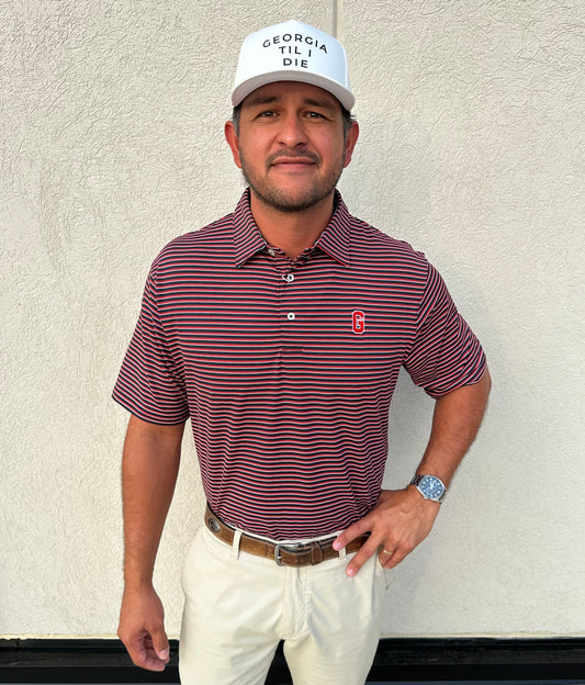 UGA Block G Poplar Stripe Performance Polo