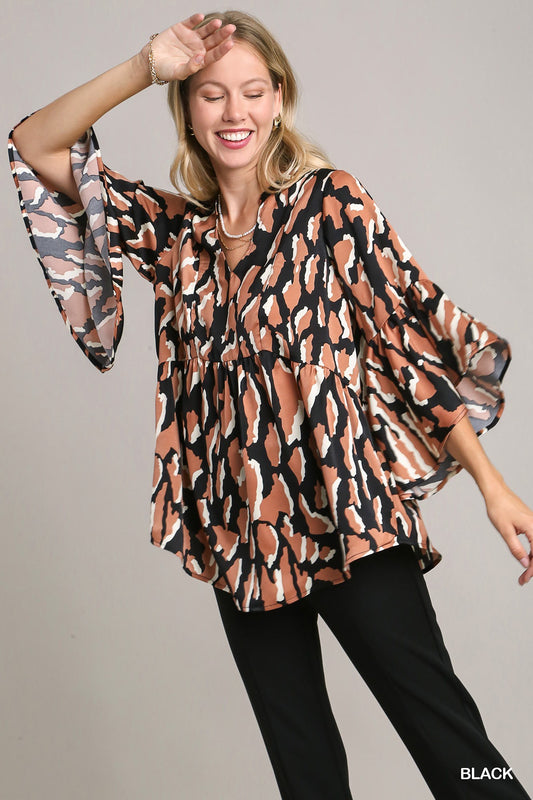 Plus Size Black & Tan Printed Top