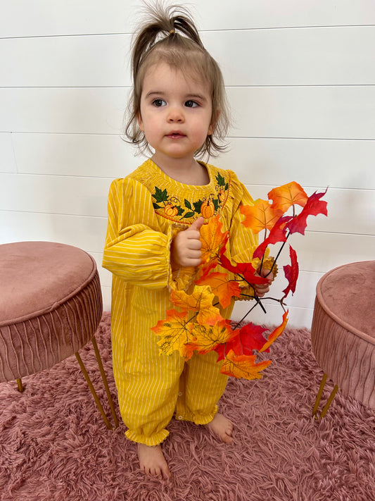 Mustard Pinstripe Smocked Pumpkin Playsuit
