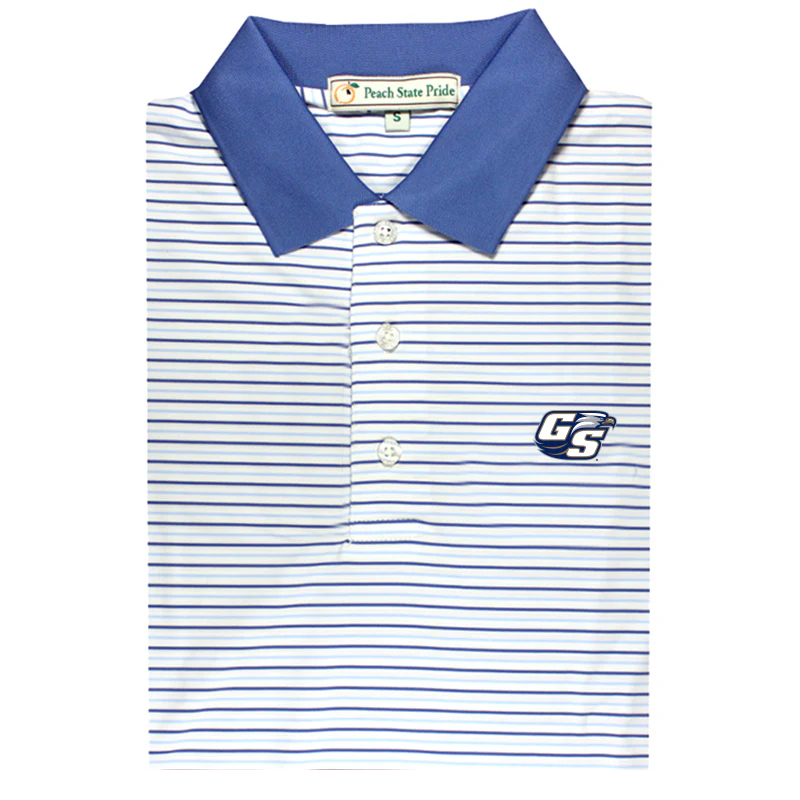 GSU Birch Stripe Performance Polo - Navy & Sky Blue