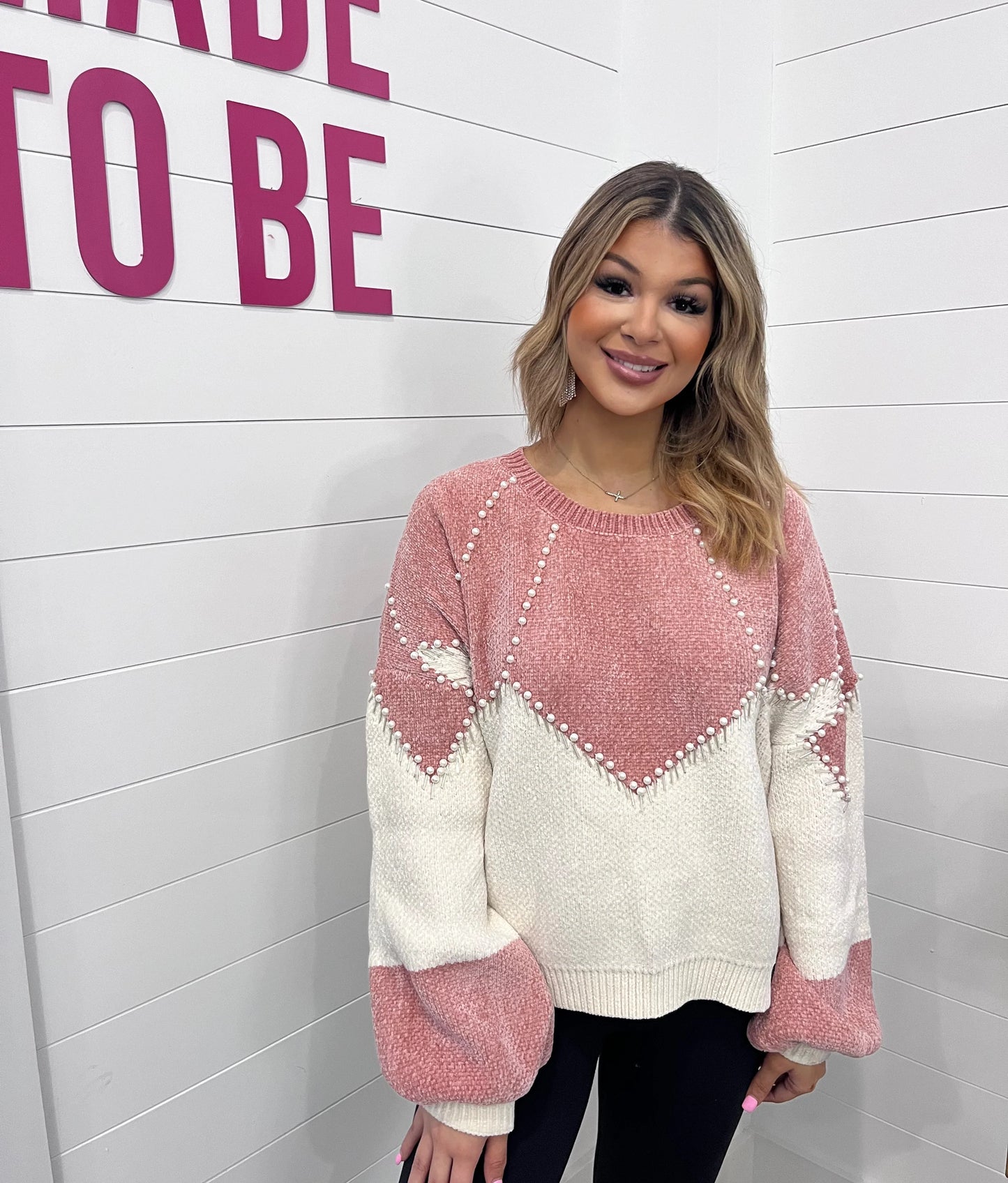 Pink & White Color Block Pearl Sweater