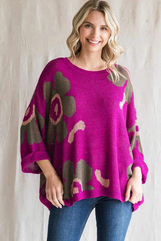Plus Size Magenta Flower Knit Pullover