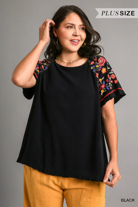 Plus Size Black Floral Sleeve Top
