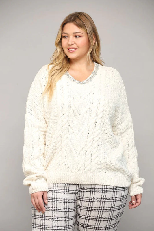 Plus Jewel Embellished Cable Knit Sweater