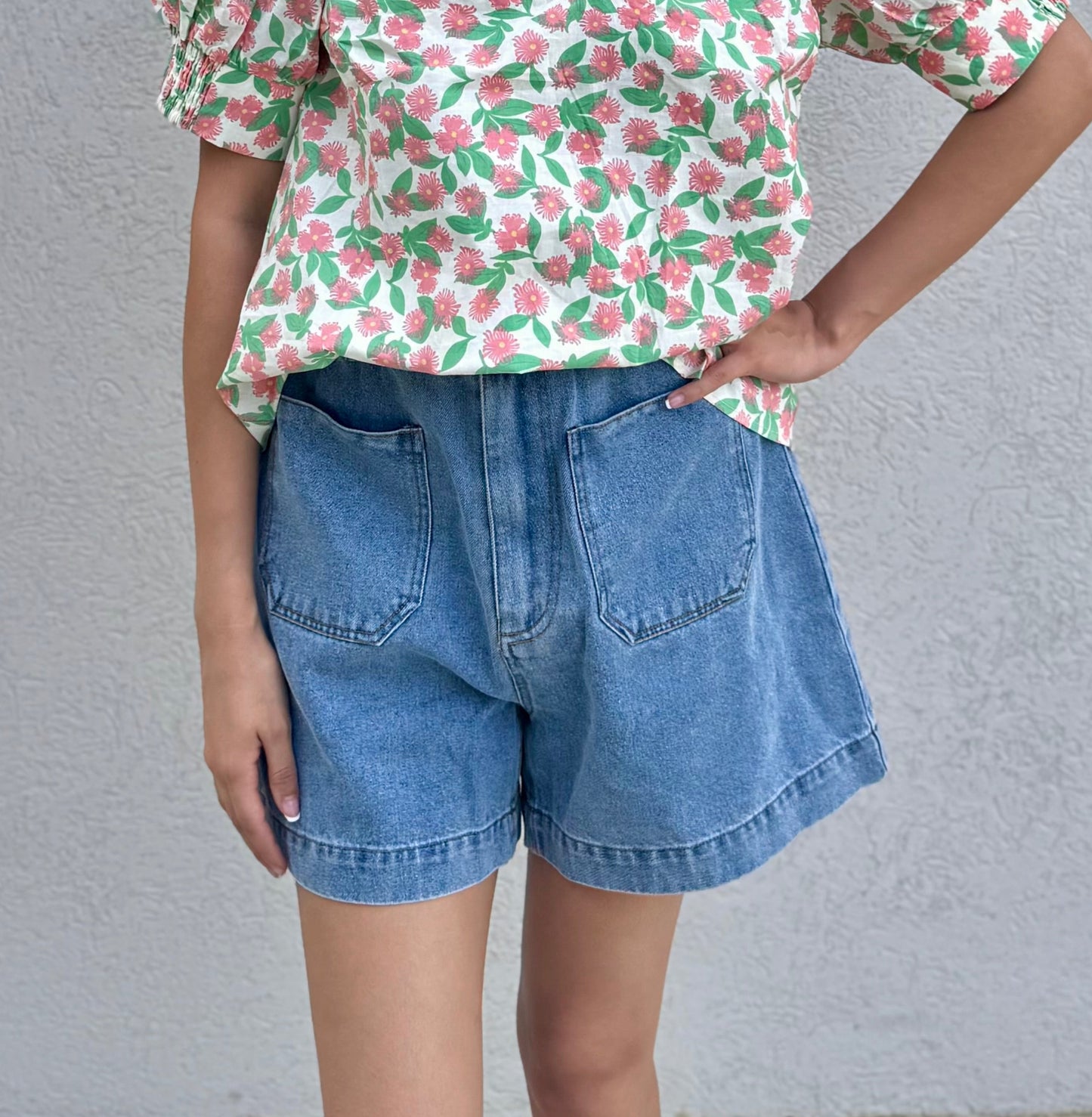 High Waisted Patch Pocket Denim Shorts