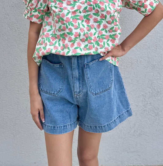 High Waisted Patch Pocket Denim Shorts