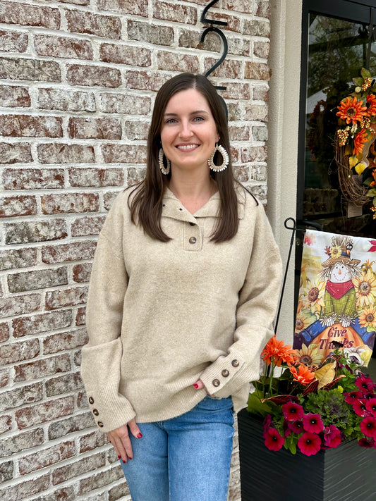 High Neck Knit Button Detail Sweater | Taupe
