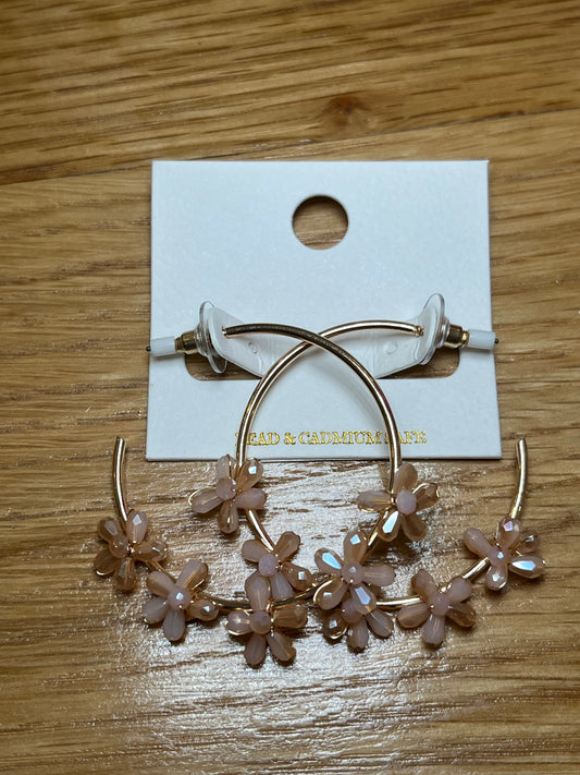 Gold Hoop Earrings with Light Pink Flowers