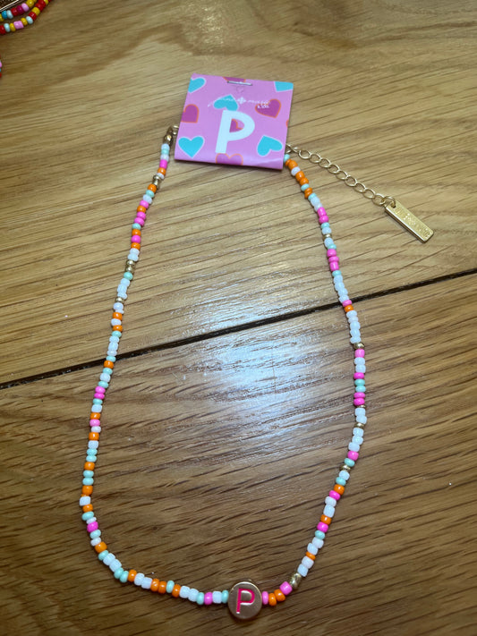 Girls Multi Color Beaded 'P' Initial Necklace | Jane Marie