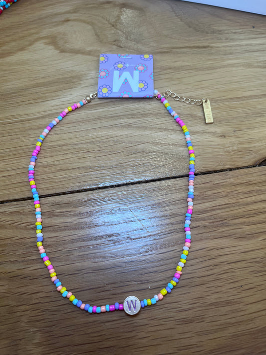 Girls Multi Color Beaded 'W' Initial Necklace | Jane Marie