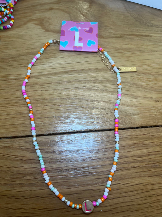 Girls Multi Color Beaded 'L' Initial Necklace | Jane Marie