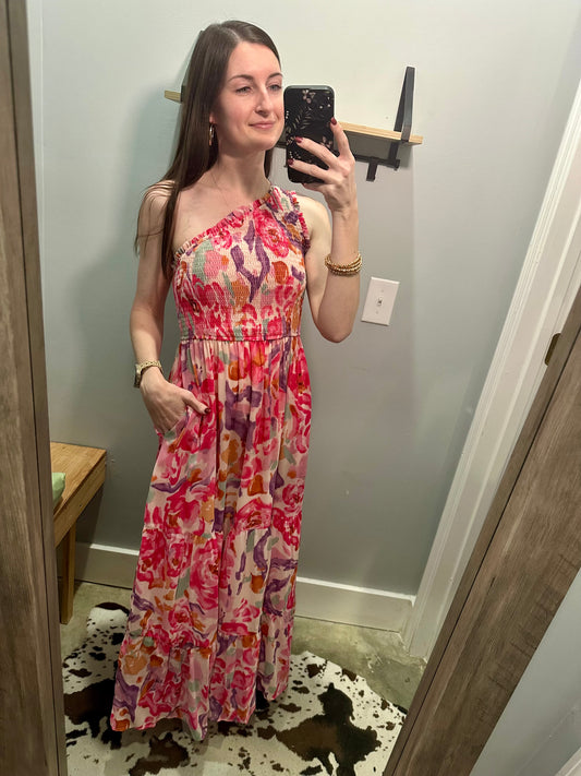 Pink Abstract One Shoulder Maxi Dress